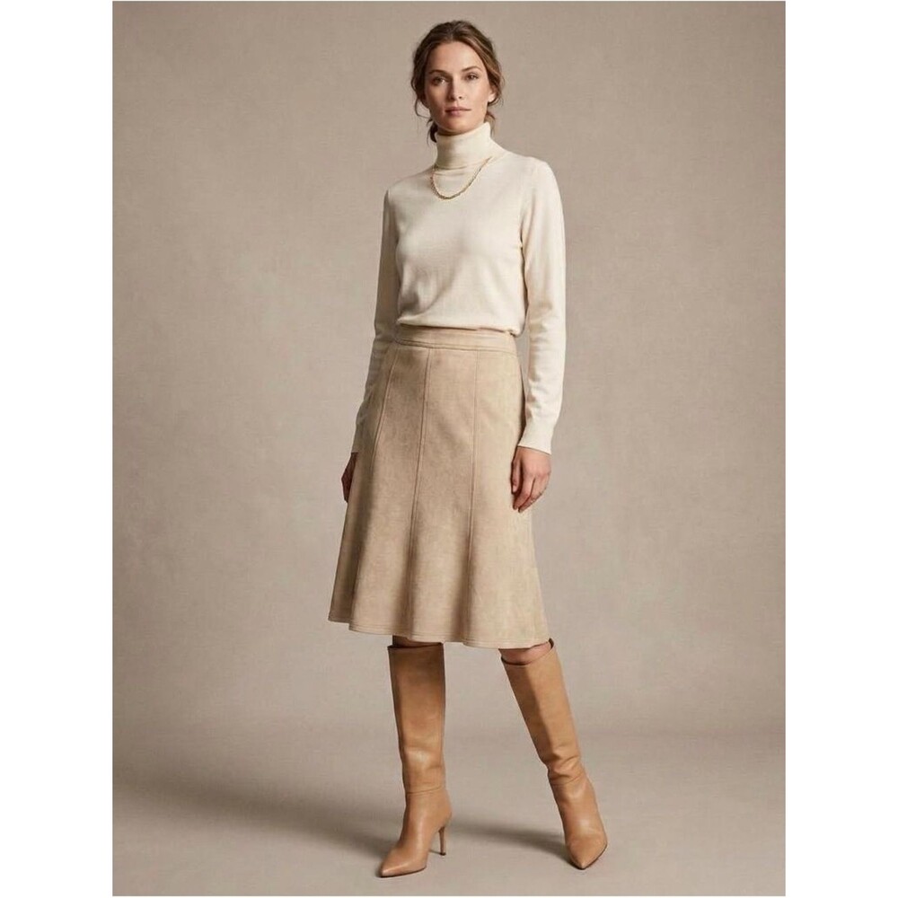 Elie Tahari Faux Suede Midi Skirt Camel Paneled Quiet Luxury Old Money Size L